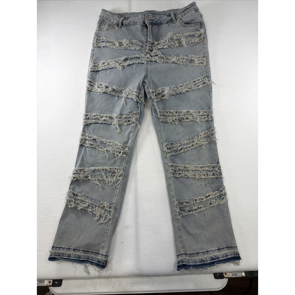 Distressed Light Wash Fringe-Detail Straight-Leg Jeans Women Size 2 XL